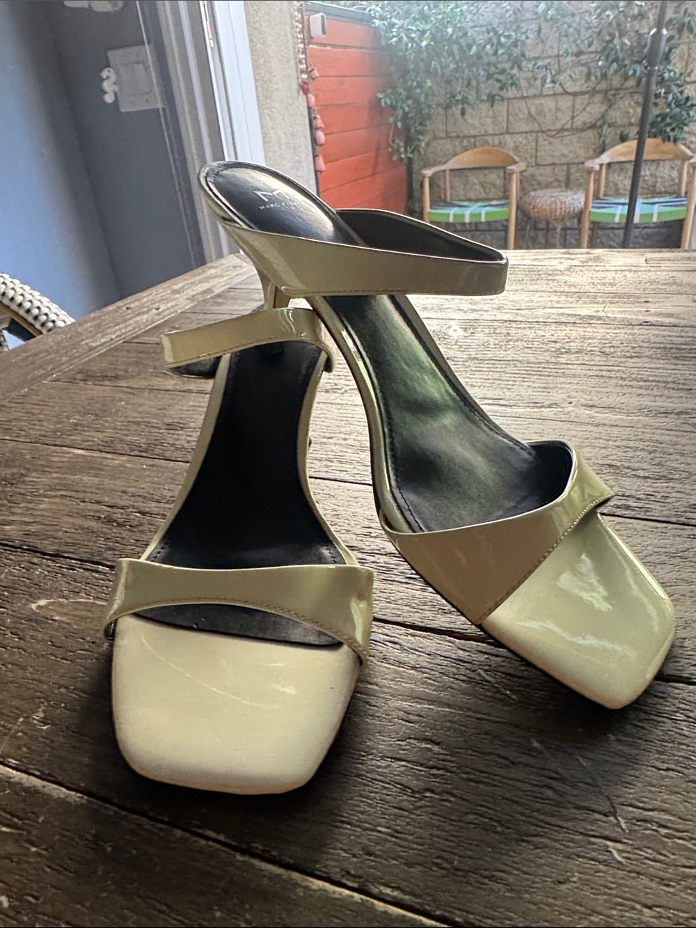 Marc Fisher Patent Leather White Strappy Mule Heels. Heel size 2”.